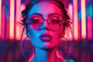 Fototapeta premium A woman wearing round glasses stands in front of colorful neon lights, providing a unique and eye-catching scene