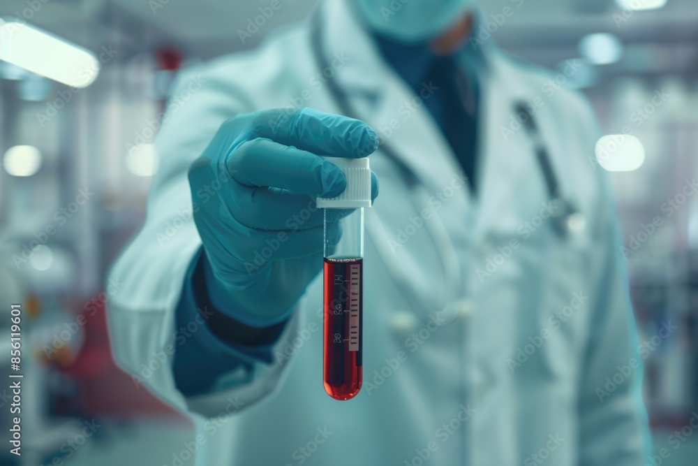 Fototapete a scientist in a lab coat holds a test tube, likely containing a sample or reagent for an experiment