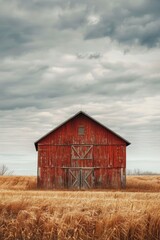 Obraz premium A red barn in a field with a cloudy sky in the background
