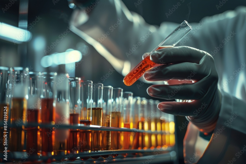 Poster A scientist holding a test tube in a laboratory setting, possibly for testing or experimentation