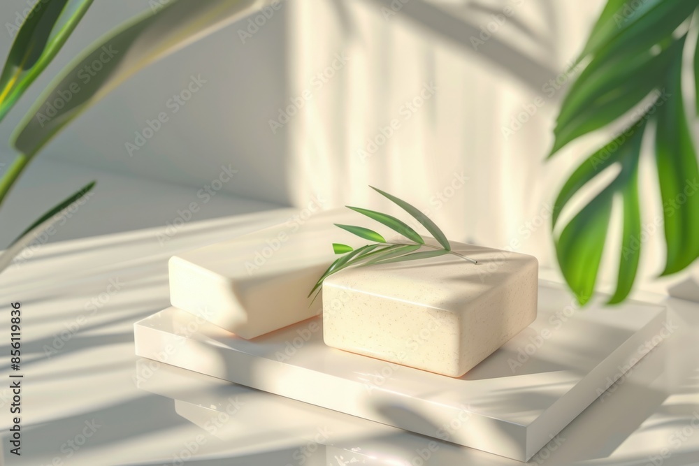 Poster a pair of soap bars resting on a clean white plate, ready for use