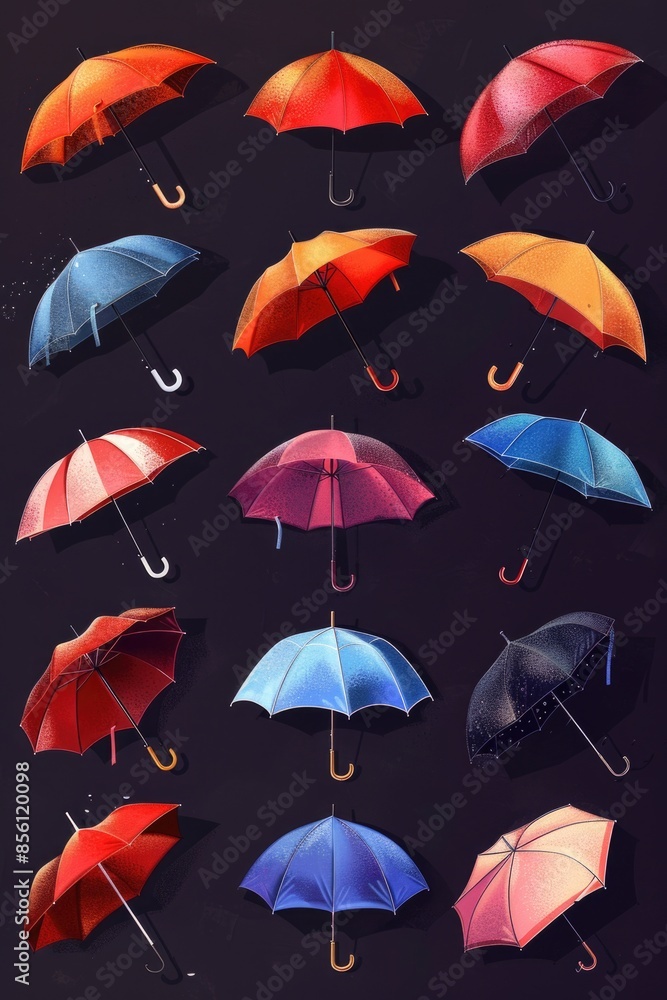 Poster a collection of brightly colored umbrellas arranged on a dark, contrasting background