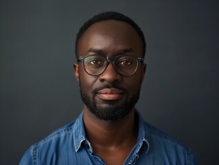 Obraz premium A portrait of an African American man with short hair and beard, wearing glasses, looking directly at the camera against a dark grey background.