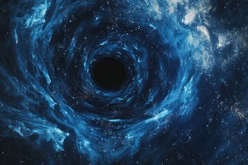 A black hole is depicted in the center of a galaxy