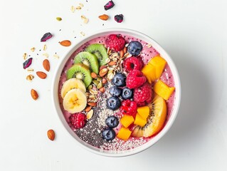 A healthy smoothie bowl topped with an array of fresh fruits, nuts, and seeds, set against a clean white background for a minimalist and appetizing presentation