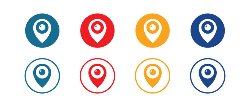 Set of colorful location icon vectors in blue, red, and yellow. Ideal for navigation, mapping, and geolocation uses.