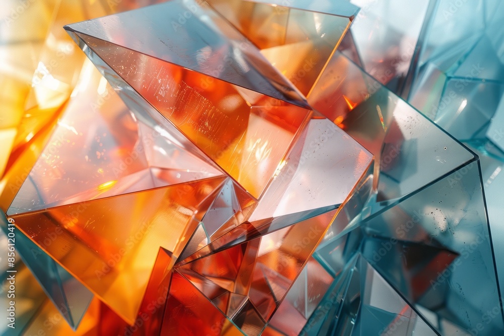 Poster abstract glass sculpture with geometric shapes and sharp angles,