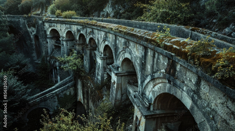 Poster an old stone bridge with a train crossing over, suitable for use in travel or infrastructure related