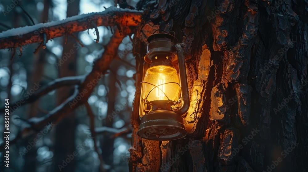 Poster A single lantern is suspended from a tree branch in a forest, providing soft light amidst the darkness