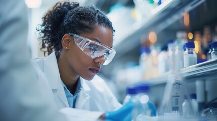 A woman in a lab coat is wearing safety goggles