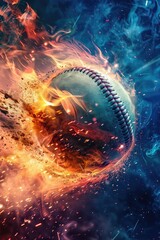 A baseball suspended in mid-air amidst flames and smoke