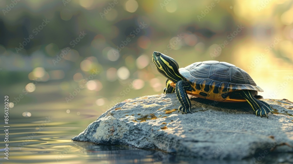 Wall mural turtle basking on a rock by the water's edge