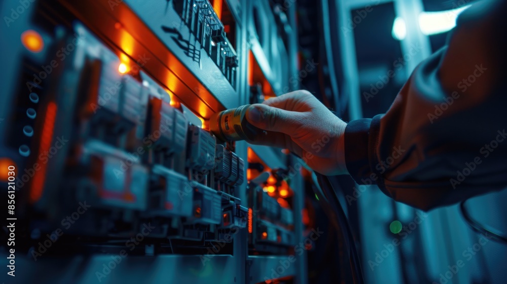 Poster a person connecting to a computer server, a common scene in modern life