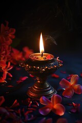 Fototapeta premium A lit candle surrounded by flower petals in a delicate arrangement