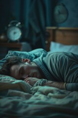 A person lying down with eyes shut, likely resting or sleeping