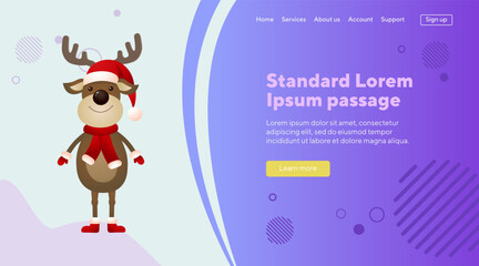 Smiling reindeer wearing hat and scarf. Christmas design element for poster, banner or landing page. Animal, celebration, winter holiday concept