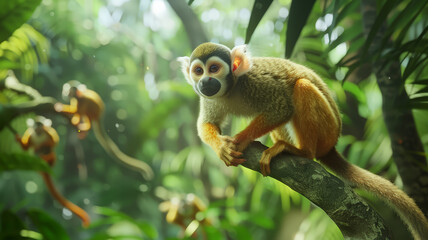 Obraz premium A common squirrel monkey perches on a tree branch in its lush, tropical habitat