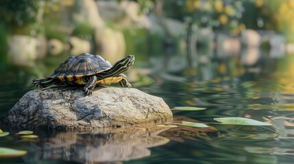 Obraz premium Turtle Basking on a Rock in a Pond