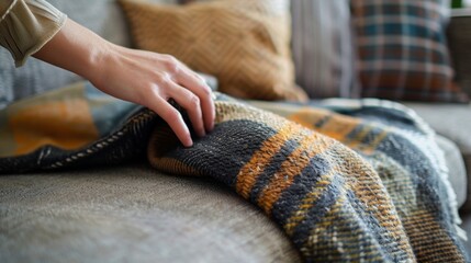 Cozy Home Vibes - Hand Placing Throw Blanket on Sofa for Added Warmth and Comfort in New Living Space