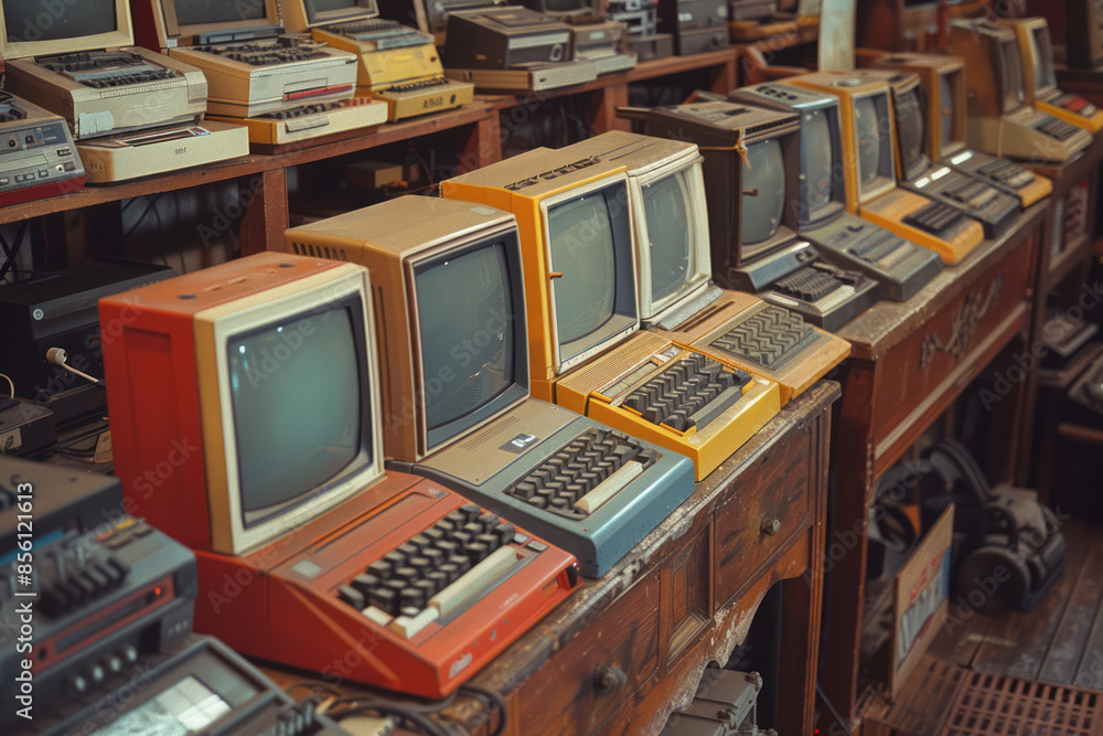 Aufkleber retro computers in repetition with rows of vintage monitors and keyboards,