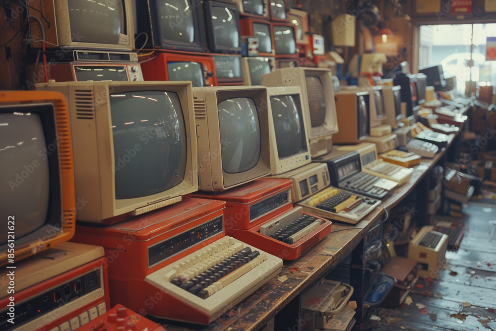 Aufkleber Retro computers in repetition with rows of vintage monitors and keyboards,