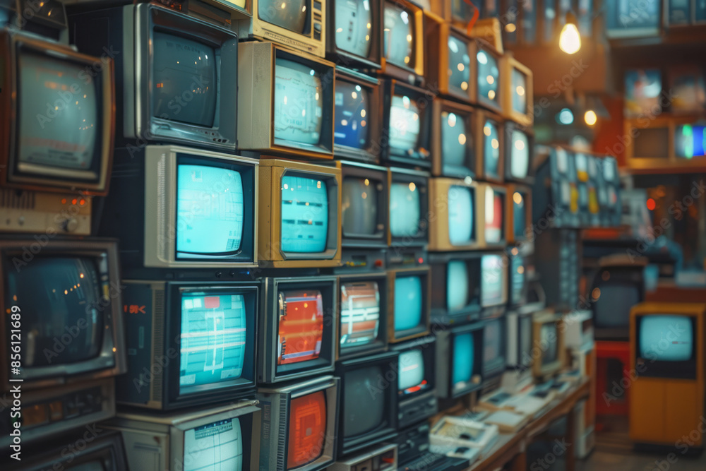 Aufkleber Repeated images of vintage computer monitors displaying retro graphics,