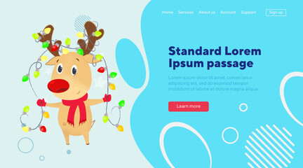 Cute reindeer with lights garland. Christmas design element. Celebrtion, party, holiday concept for posters or banners.