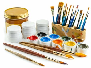 A set of art supplies including paints and brushes, realistic photo, clipping path, isolated on white background