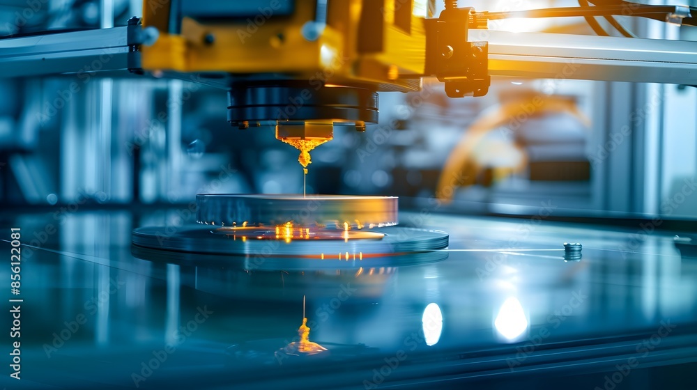 Poster cutting-edge 3d printing with polymer filaments in precise details and well-lit technological setup