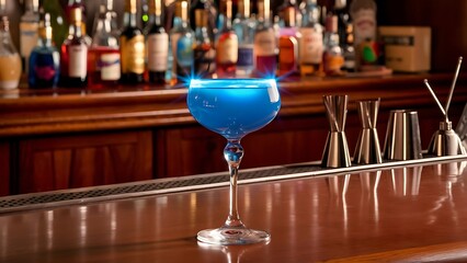 Blue alcoholic cocktail in a glass on a wooden bar counter