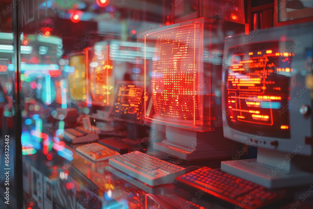 Aufkleber a vibrant display of retro computing technology with neon accents,