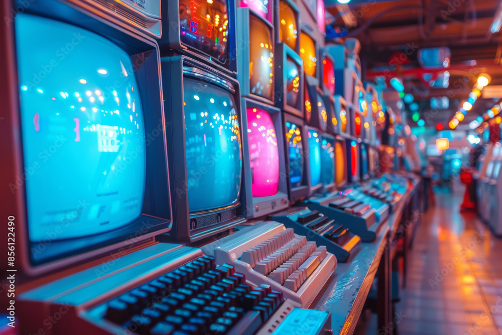 Poster vibrant retro computing scene with colorful crt monitors and neon keyboards,
