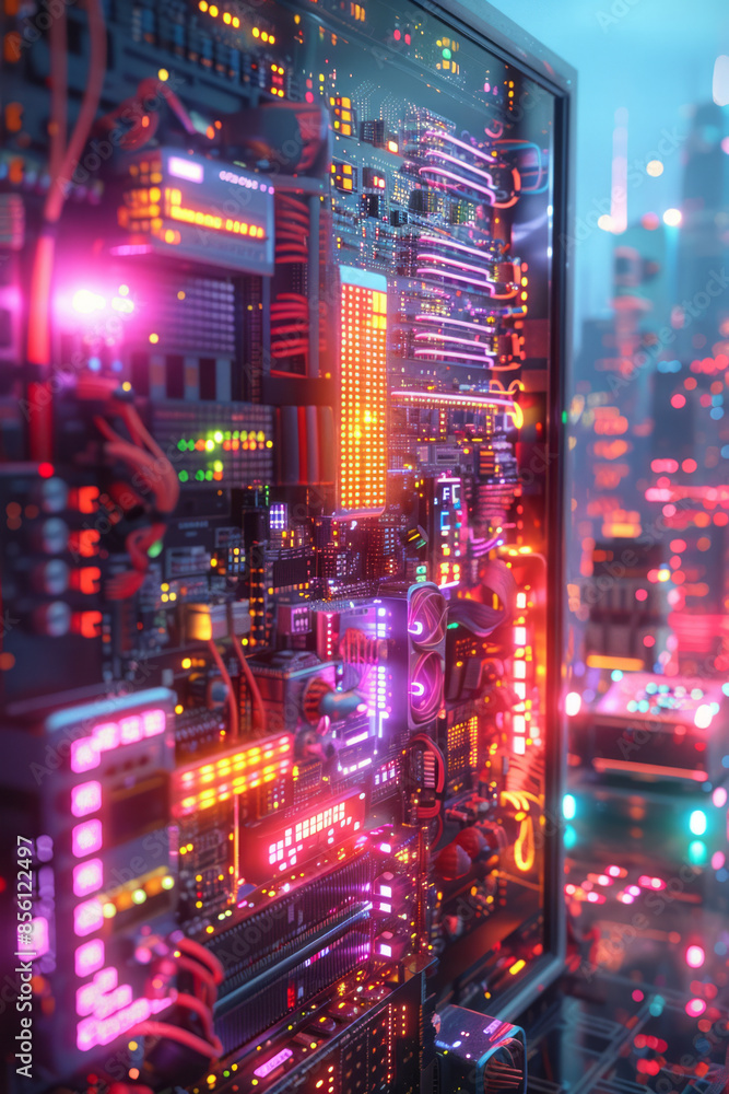 Poster neon-infused retro computing scene with vibrant, vivid components,