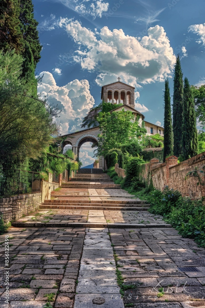 Poster a winding stone path leading to a historic clock tower, ideal for use in architecture or travel imag
