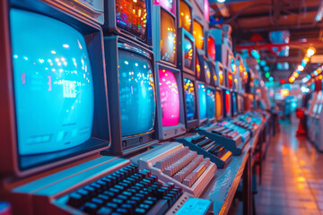 Obraz premium Vibrant retro computing scene with colorful CRT monitors and neon keyboards,