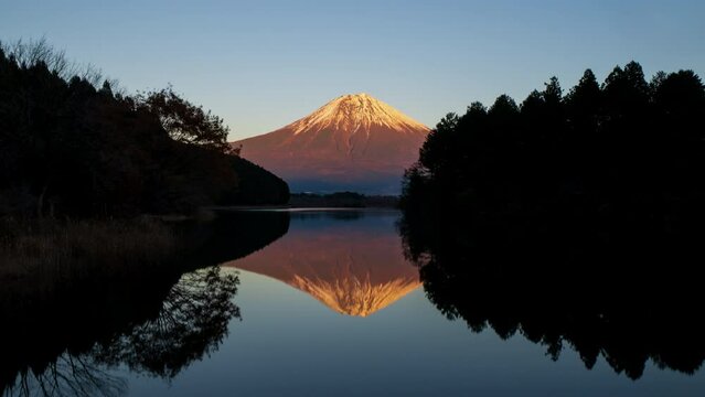 Timelapse of mount Fuji from Lake Tanuki at sunset with beautiful reflection, Shizuoka, Japan
