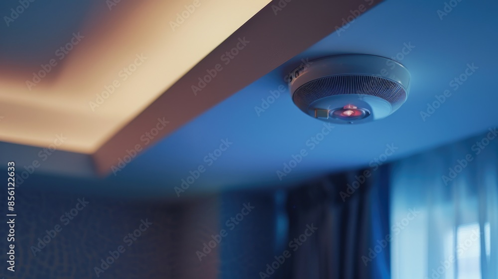 Poster a smoke detector mounted on the ceiling of a room, with a modern design and a slight blur to represe