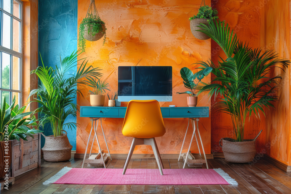 Poster a modern workspace with a bold pink and orange color scheme and stylish accents,