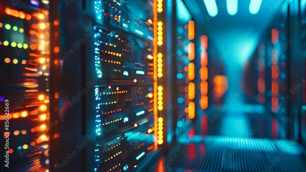 Poster data center with a row of computer servers. abstract generic concept of cyberspace, communication an