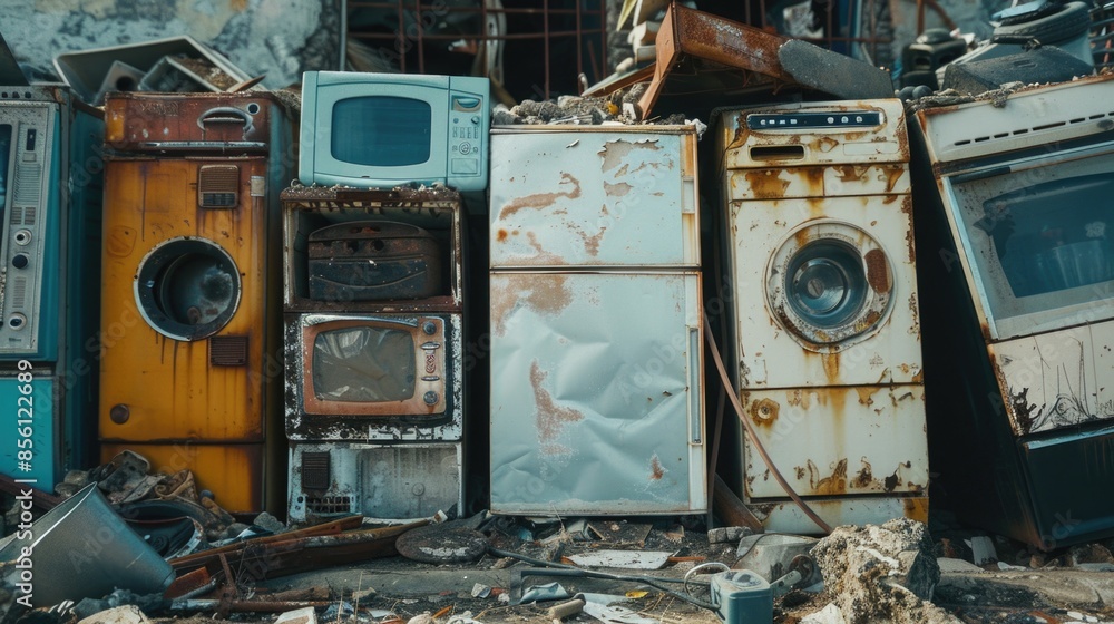 Poster old appliances and electronics in a junkyard setting