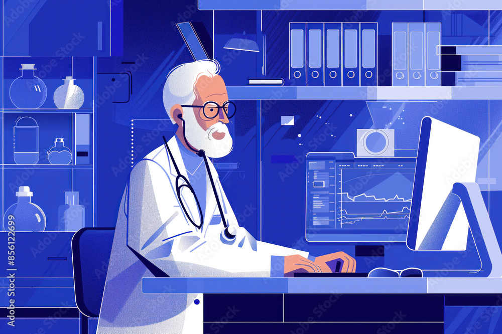 Poster senior doctor analyzes data on computer screen in modern lab. expert in white coat researches health
