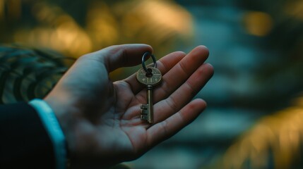 Fototapeta premium Embracing Change - Close-up Hand Holding Key Signifying New Beginnings and Transition to a Fresh Chapter in Life