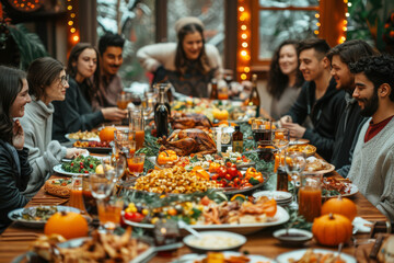 Group of diverse friends share a festive Thanksgiving meal around a table laden with delicious food. The warm lighting and happy expressions create a joyful atmosphere