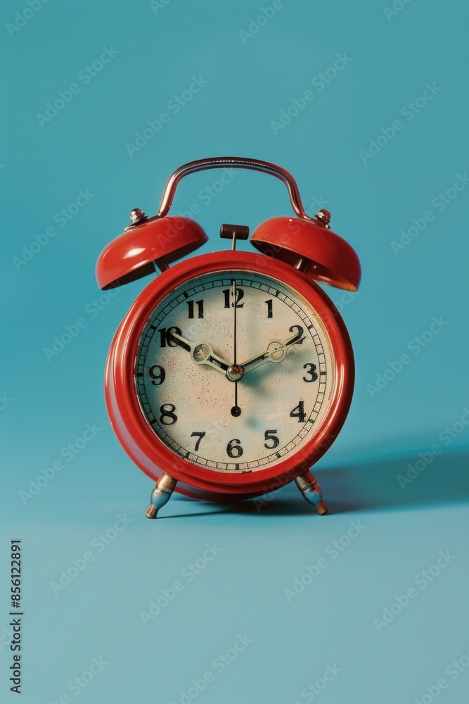 Poster a red alarm clock sits on a blue surface, ready to wake you up