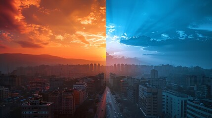 Cityscape divided by sunset and sunrise, displaying the contrast between day and night with vivid colors