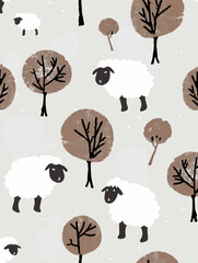 A whimsical collection of nature-themed illustrations featuring trees and sheep in a minimalist, modern style. Ideal for spring and summer designs, seasonal celebrations, and festive decorations.