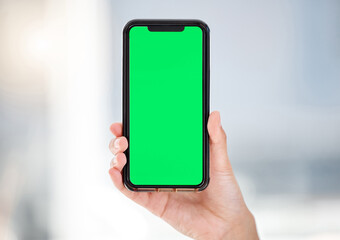 Business person, hands and phone with green screen for advertising, marketing or digital display at...