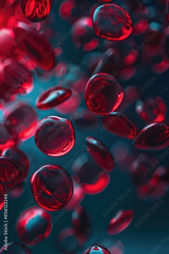 Poster a collection of red and blue spheres suspended in mid-air, with no visible attachment or support