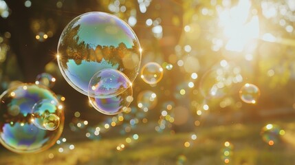 A bubble artist creating intricate and large bubbles using special tools, with the bubbles reflecting rainbow colors in the sunlight.