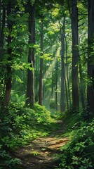 Obraz premium Pathway through lush green forest with sunlight filtering through trees, serene nature scene